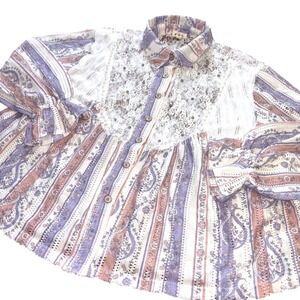 POL Boho Lace Sequin Pearl Paisley Button Down Babydoll Too Blouse Cottagecore M